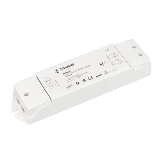 Фото товара INTELLIGENT ARLIGHT Диммер SMART-PWM-102-72-CDW-PD-SUF (12-36V, 2x5A, ZB, 2.4G) (IARL, IP20 Пластик, 5 лет)