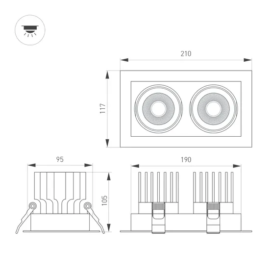Фото #2 товара Светильник MS-VORTEX-BUILT-S210x117-2x20W Day4000 (BK-BK, 40 deg, 230V) (Arlight, IP20 Металл, 5 лет)